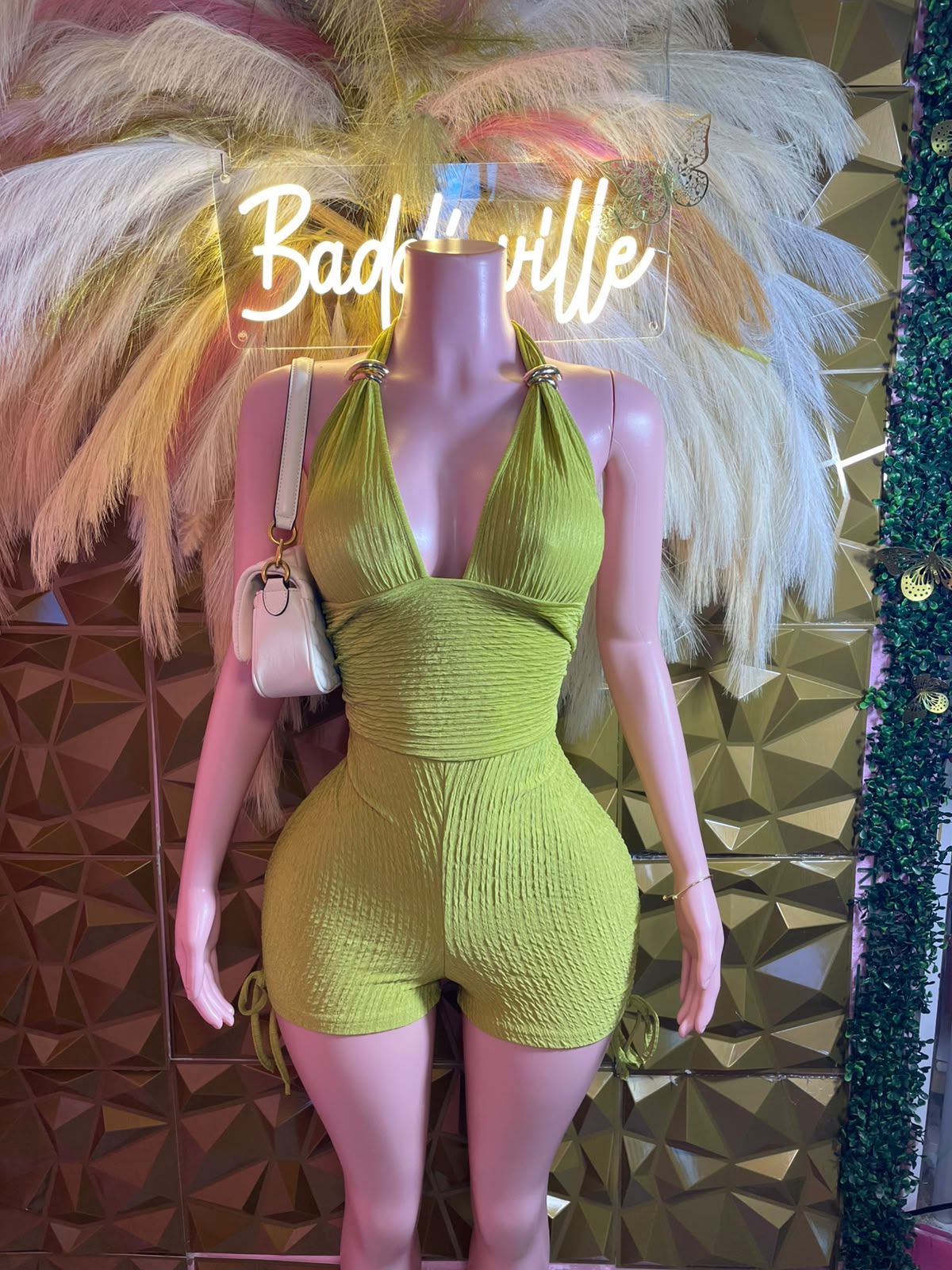 Baddie Lime Ruched Romper Set.